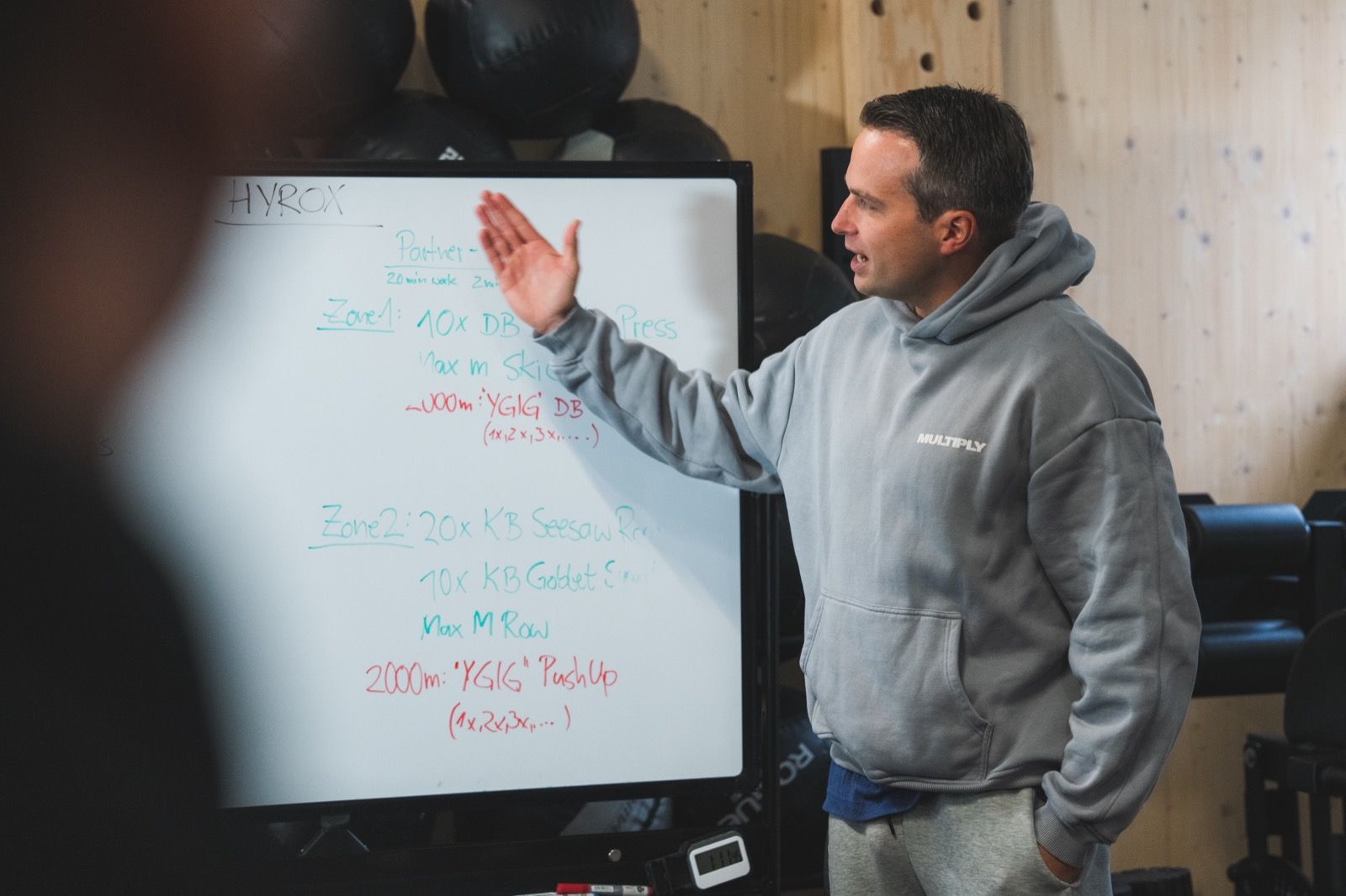 Coach von CrossFit KH bei der Anleitung am Whiteboard